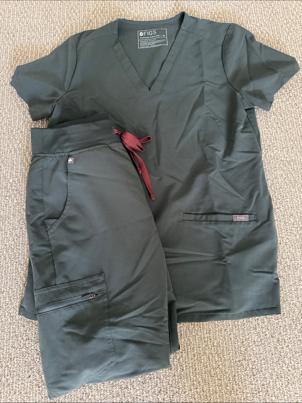 FIGS Women's Scrub Top & Pants in Olive Green with Burgundy Drawstring